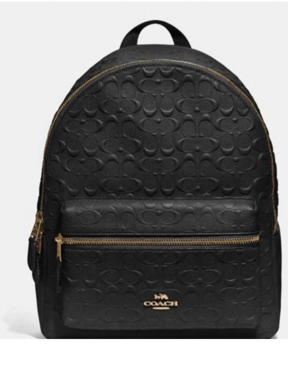 Coach Black Embossed Leather medium Charlie Backpack with Gold Hardware Accent